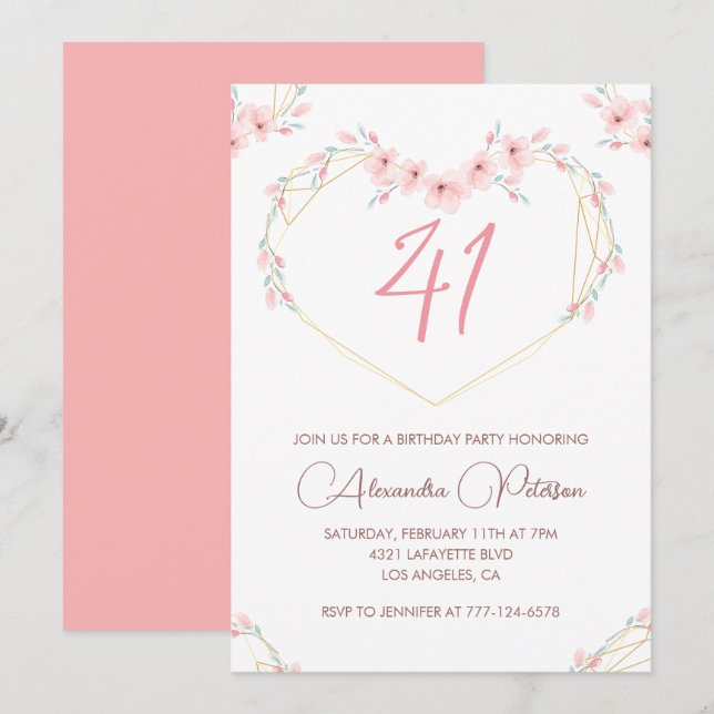 Pink Watercolor Floral Boho 41st birthday  Invitation (Front/Back)