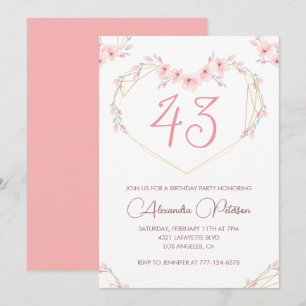 Pink Watercolor Floral Boho 43rd birthday  Invitation