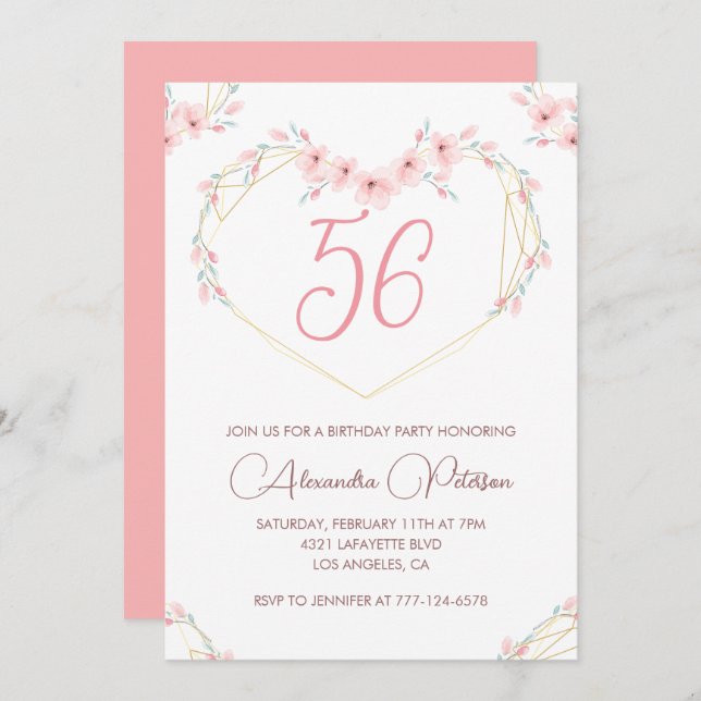 Pink Watercolor Floral Boho 56th birthday  Invitation (Front/Back)