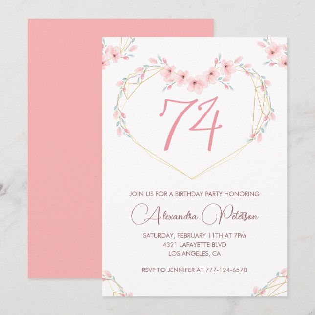 Pink Watercolor Floral Boho 74th birthday  Invitation (Front/Back)