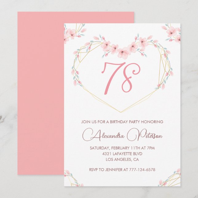 Pink Watercolor Floral Boho 78th birthday  Invitation (Front/Back)