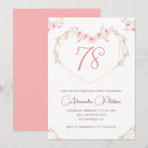 Pink Watercolor Floral Boho 78th birthday  Invitation