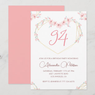 Pink Watercolor Floral Boho 94th birthday  Invitation