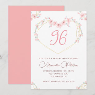 Pink Watercolor Floral Boho 96th birthday  Invitation