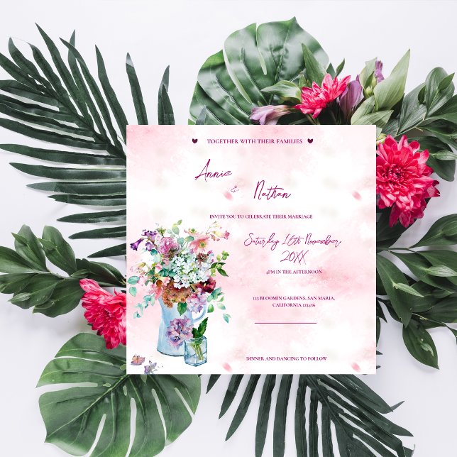  Pink Watercolor Floral Bouquet Wedding Invitation (Pink Watercolor Floral Bouquet Wedding Invitation)