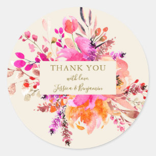 Pink Watercolor Floral Bouquet Wedding Name Custom Classic Round Sticker