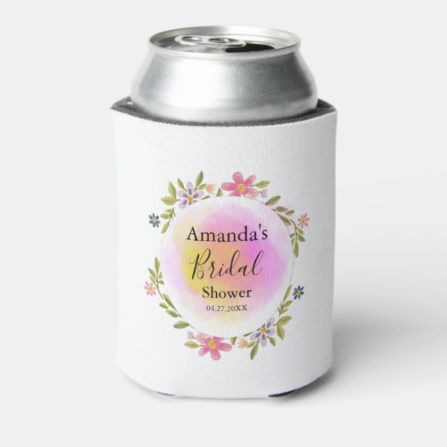 Pink Watercolor Floral Bridal Shower Can Cooler (Can Back)