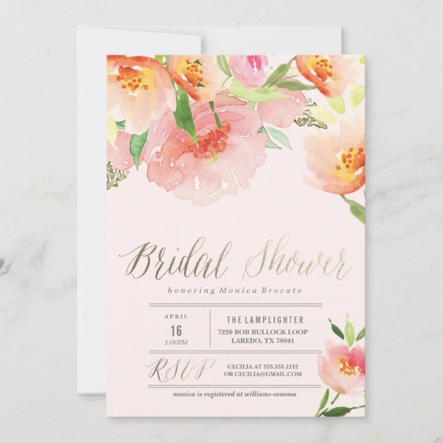 PINK WATERCOLOR FLORAL bridal shower invitation (Front)