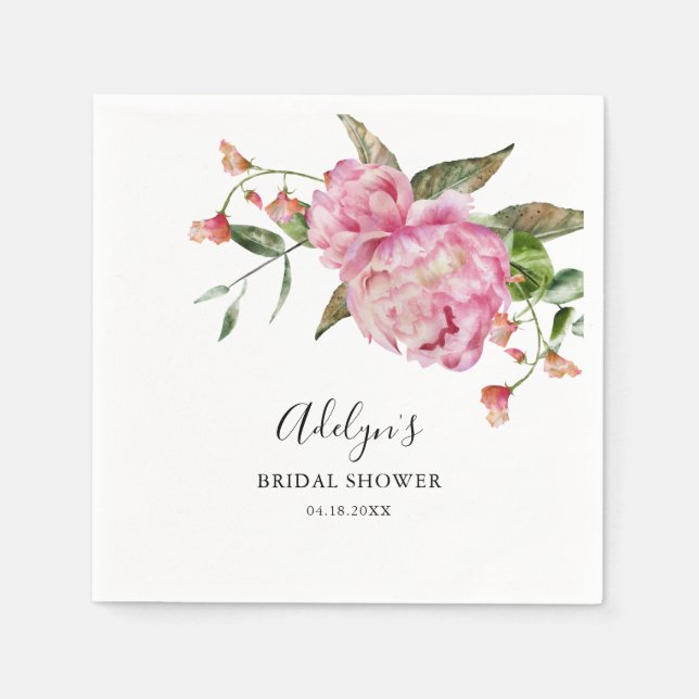 Pink Watercolor Floral Bridal Shower  Napkin (Front)