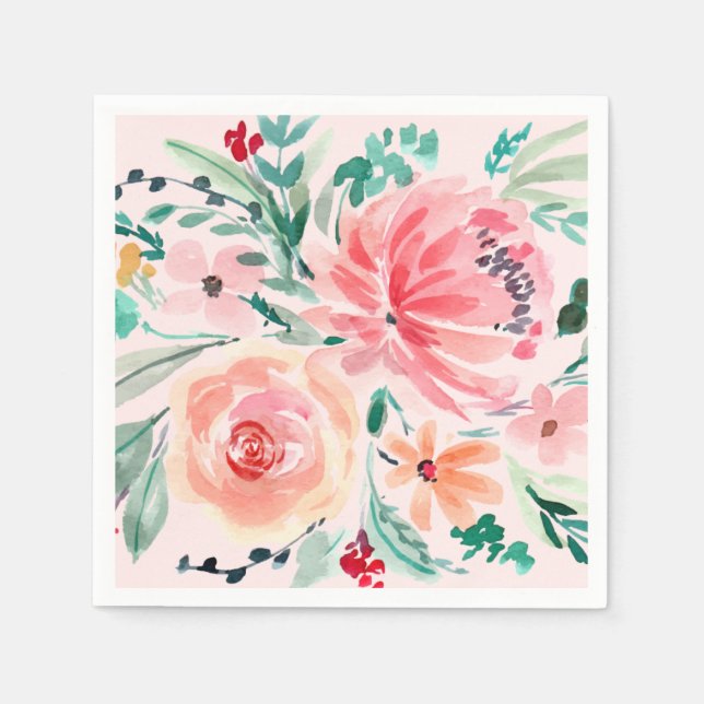 Pink Watercolor Floral Bridal Shower Napkin (Front)