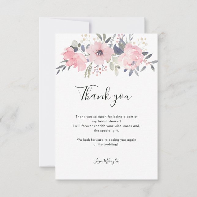 Pink Watercolor Floral Bridal Shower Thank You Card (Front)