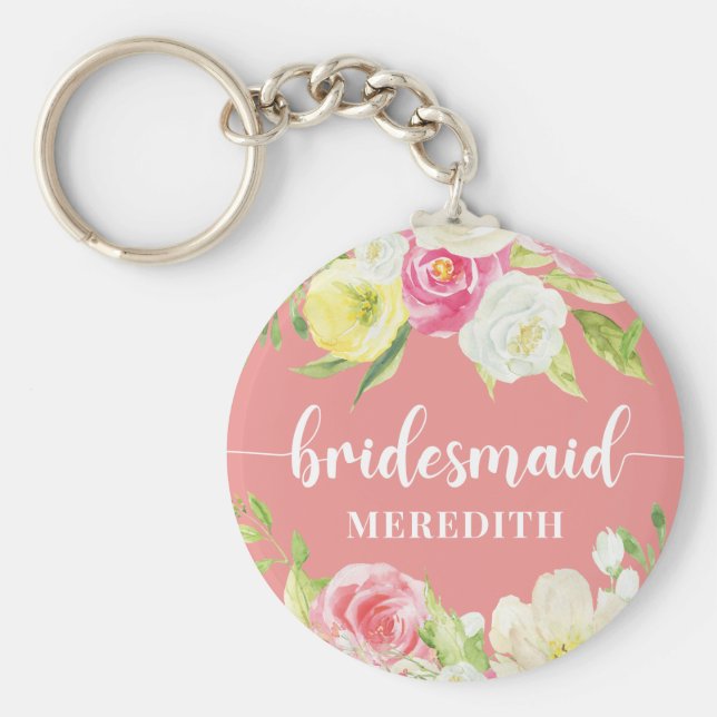 Pink Watercolor Floral Bridesmaid Name Keychain (Front)