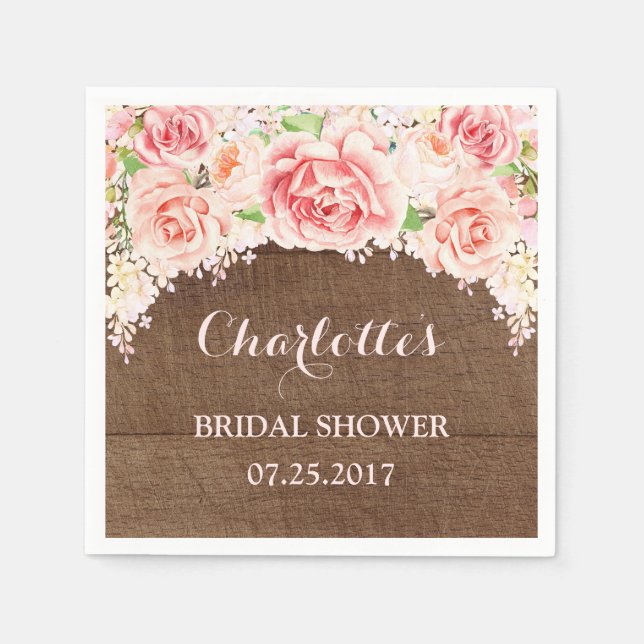 Pink Watercolor Floral Brown Wood Bridal Shower Napkin (Front)