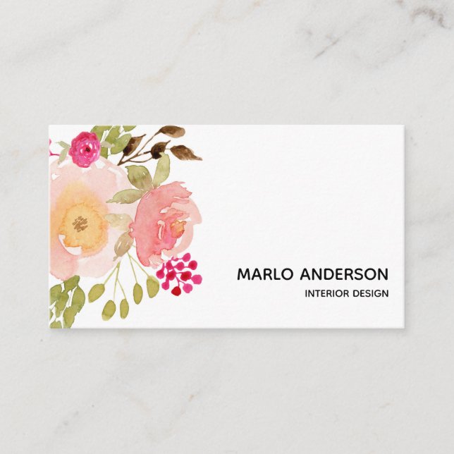 Pink Watercolor Floral Business Card (Front)