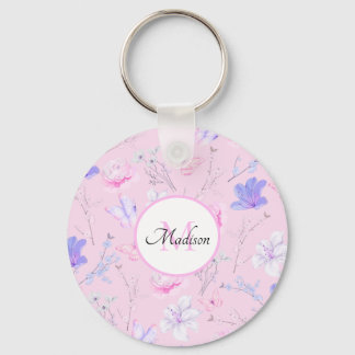 Pink Watercolor Floral Butterflies Monogram Key Ring