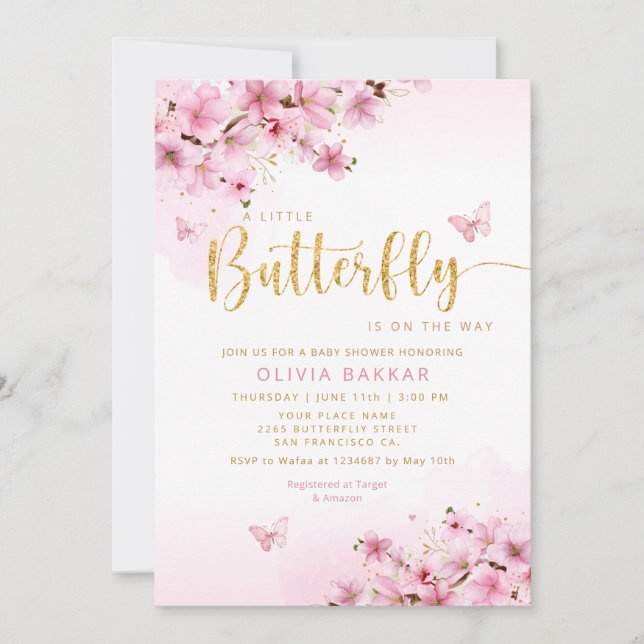 Pink Watercolor Floral Butterfly Girl Baby Shower Invitation (Front)