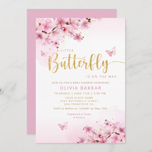 Pink Watercolor Floral Butterfly Girl Baby Shower Invitation (Front/Back)