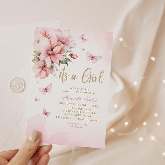 Pink Watercolor Floral Butterfly Girl Baby Shower  Invitation (Creator Uploaded)