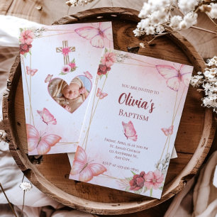 Pink Watercolor Floral Butterfly Photo Baptism  Invitation