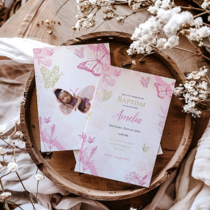 Pink Watercolor Floral Butterfly Photo Baptism  Invitation
