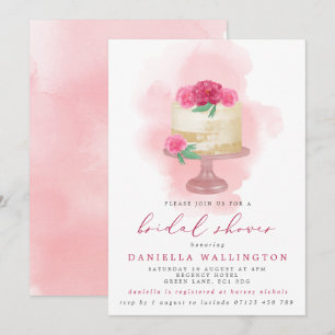 Pink Watercolor Floral Cake Bridal Invitation