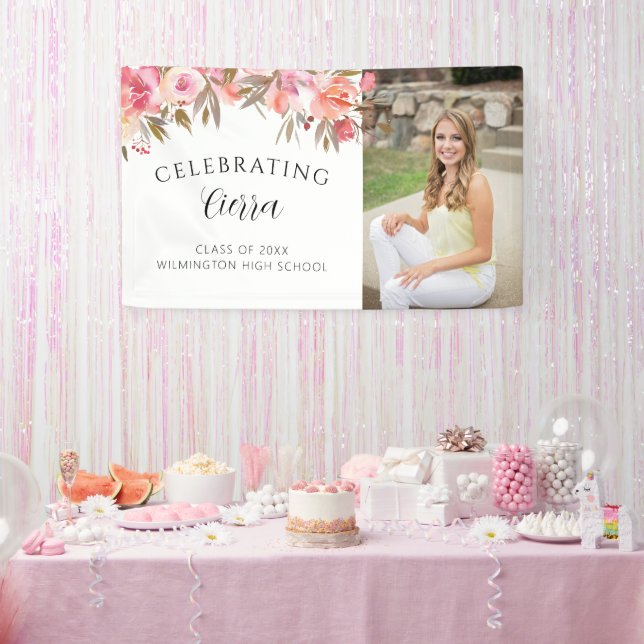 Pink Watercolor Floral Calligraphy Graduation Banner (Party)