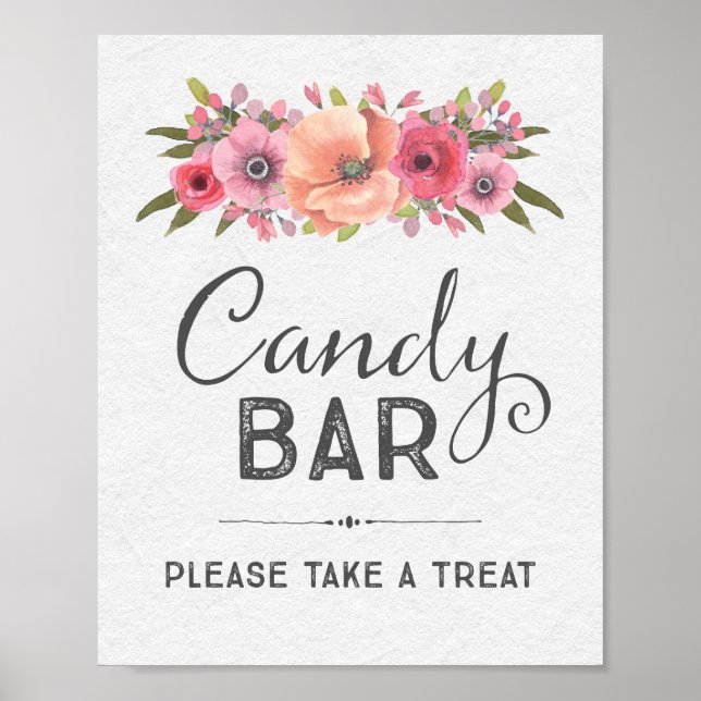 Pink Watercolor Floral Candy Bar Wedding Sign (Front)