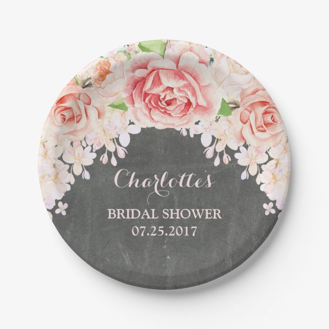 Pink Watercolor Floral Chalkboard Bridal Shower Paper Plate (Front)