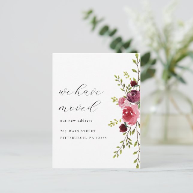 Pink Watercolor Floral Change of Address Moving Postcard (Standing Front)
