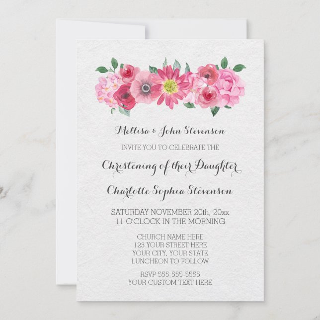 Pink Watercolor Floral Christening Invitation (Back)