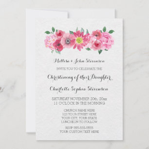Pink Watercolor Floral Christening Invitation