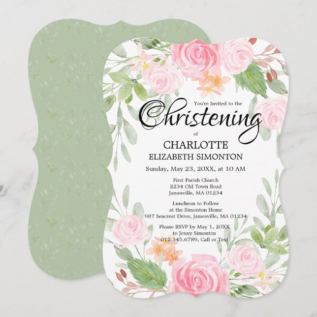 Pink Watercolor Floral Christening Invitations (Front/Back)
