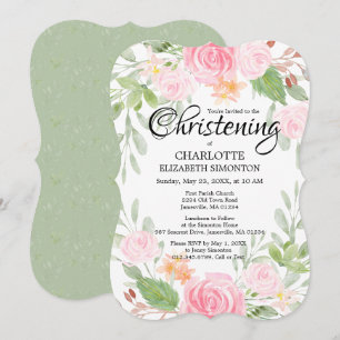 Pink Watercolor Floral Christening Invitations