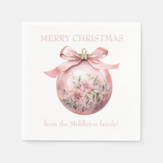 Pink Watercolor Floral Christmas Ornament Napkin (Front)