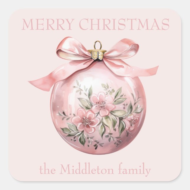 Pink Watercolor Floral Christmas Ornament Square Sticker (Front)