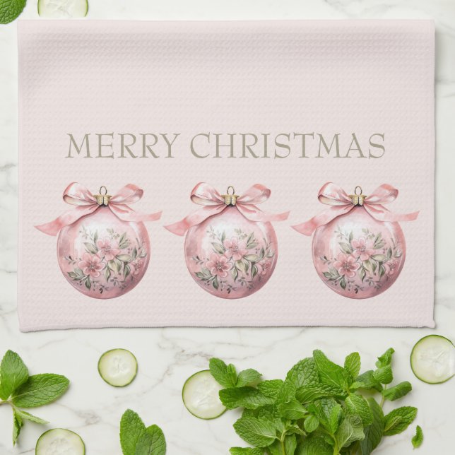 Pink Watercolor Floral Christmas Ornament Tea Towel (Folded)