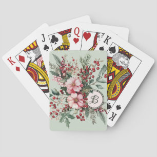 Pink Watercolor Floral Christmas Seasonal Monogram Playing Cards