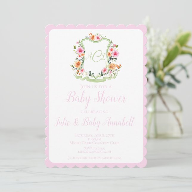 Pink Watercolor Floral Crest Baby Shower Invite (Standing Front)
