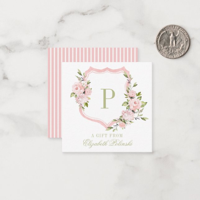 Pink Watercolor Floral Crest Custom Gift Enclosure Card (Front/Back In Situ)