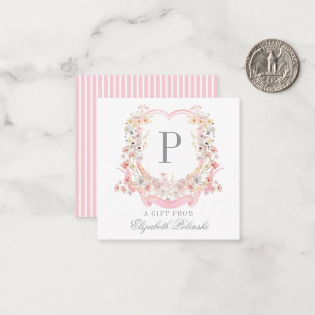 Pink Watercolor Floral Crest Custom Gift Enclosure Card (Front/Back In Situ)
