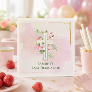 Pink Watercolor Floral Cross Baby Dedication Name Napkin