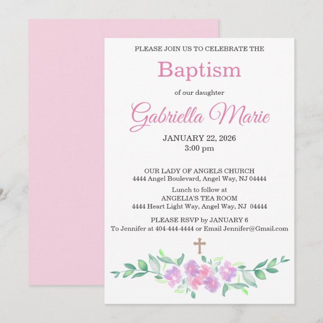 Pink Watercolor Floral Cross Baptism Invitation (Front/Back)