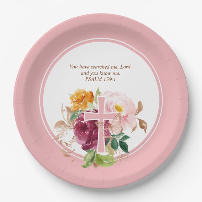 Pink Watercolor Floral & Cross Bible Verse Paper Plate (Front)