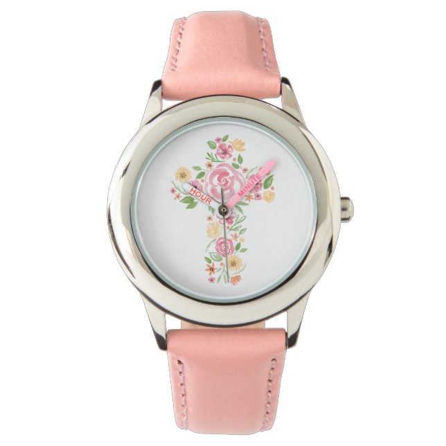 Pink Watercolor Floral Cross First Holy Communion Watch (Front)