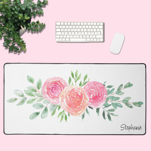 Pink Watercolor Floral Custom Name Desk Mat