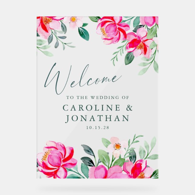 Pink Watercolor Floral Custom Wedding Welcome Acrylic Sign (Front)