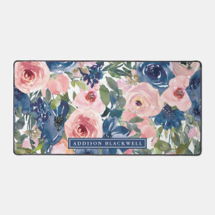 Pink Watercolor Floral Desk Mat and Custom Name