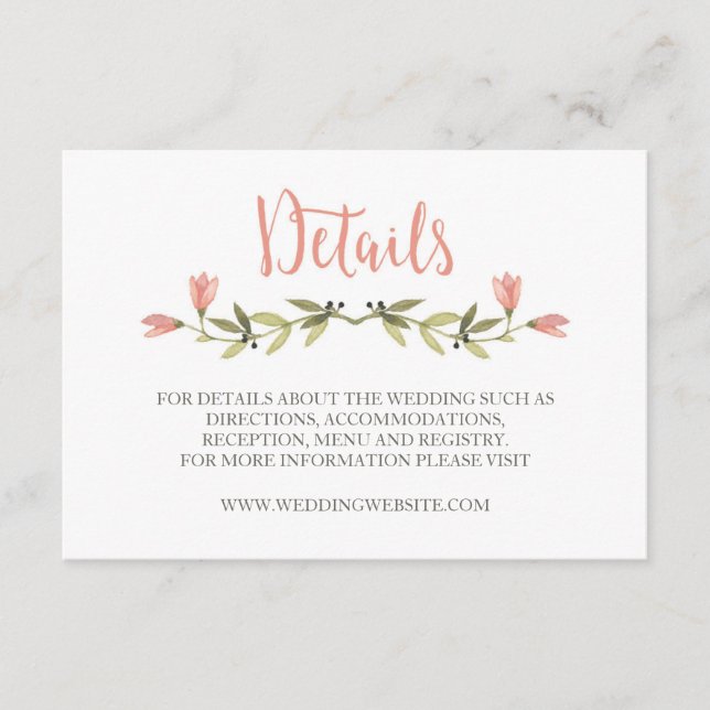 Pink Watercolor Floral Details Card (Front)