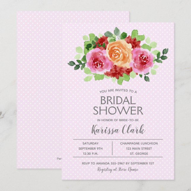 Pink Watercolor Floral & Dots Bridal Shower Invite (Front/Back)
