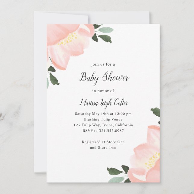 Pink Watercolor Floral Elegant Baby Shower Invitation (Front)